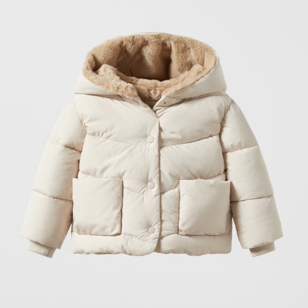Zara Quilted Jacket with Contrast Faux Fur Detail